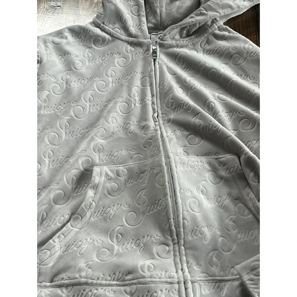 Juicy Couture Velour Zip Up Hoodie Grey Embossed All‎ Over Logo Y2K Size L - Picture 8 of 8